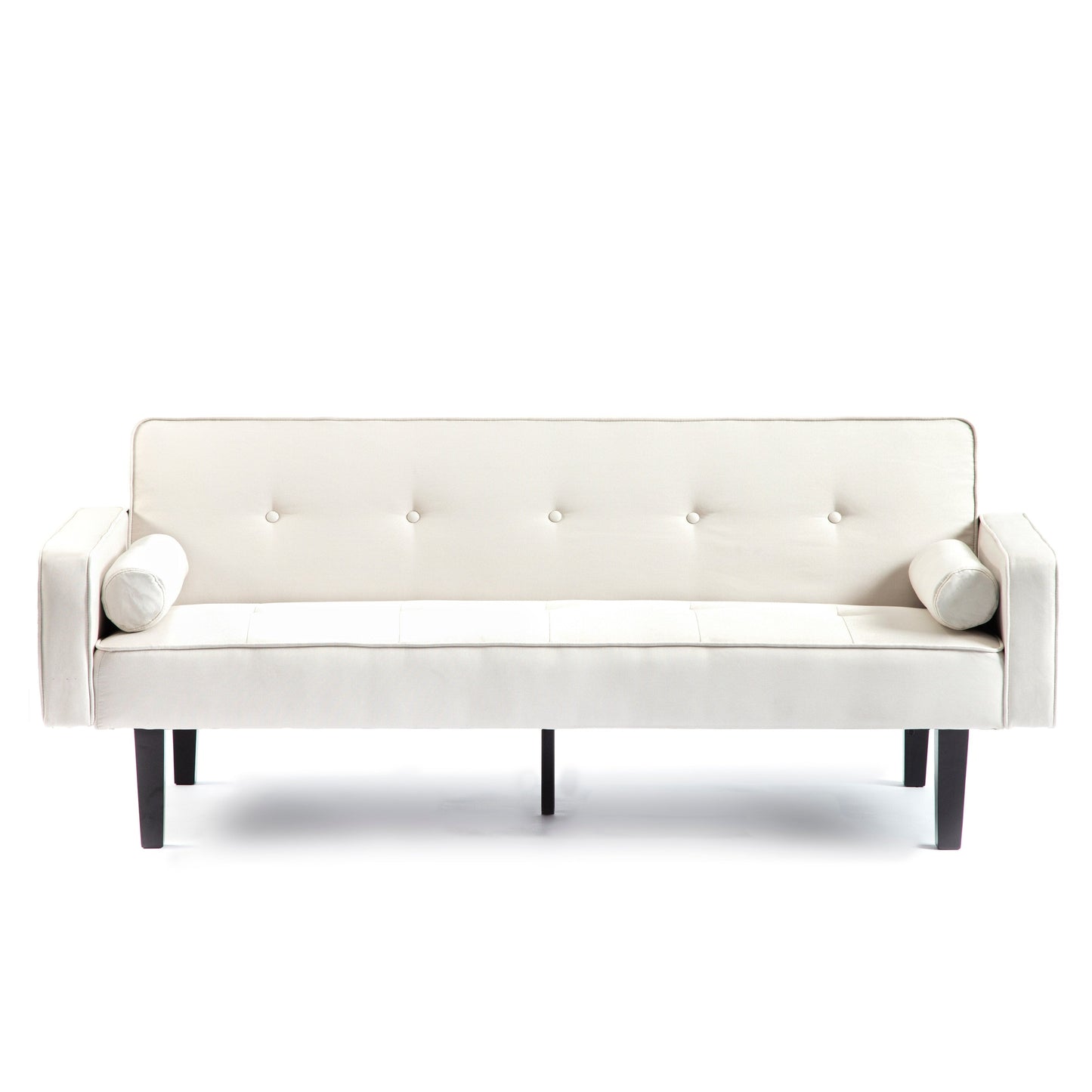 Divano letto futon beige convertibile a 3 posti con gambe in legno