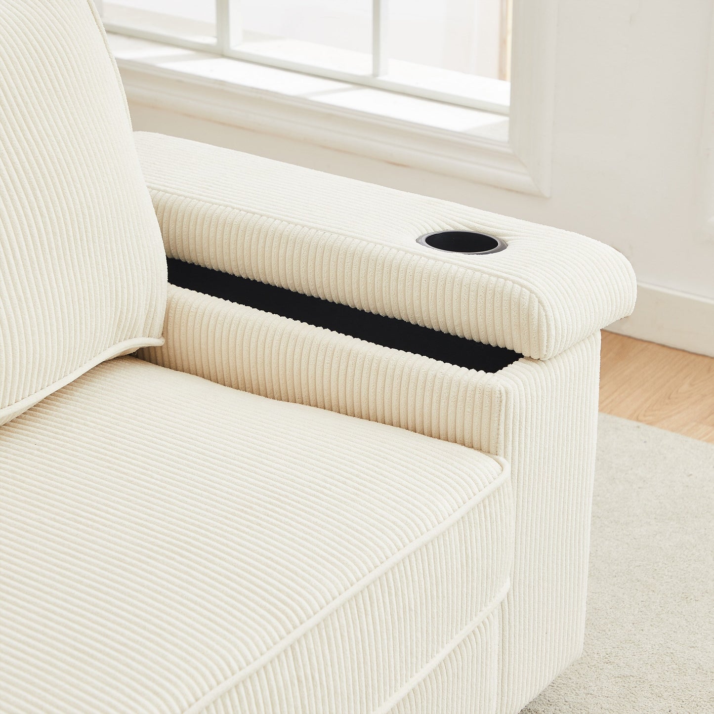 Divano a 3 posti in velluto a coste beige con porte USB e portabicchieri