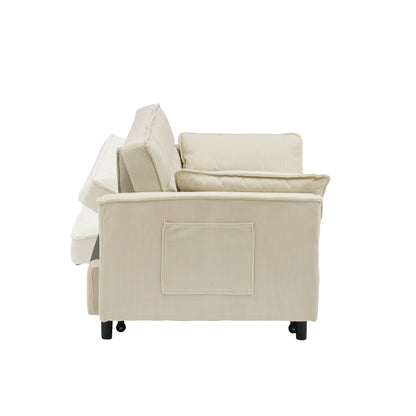 Divano letto estraibile in velluto a coste beige con schienale regolabile