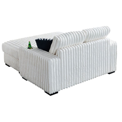 Divano a due posti in velluto a coste beige con pouf e altoparlante Bluetooth