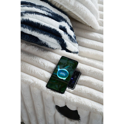 Divano a due posti in velluto a coste beige con pouf e altoparlante Bluetooth