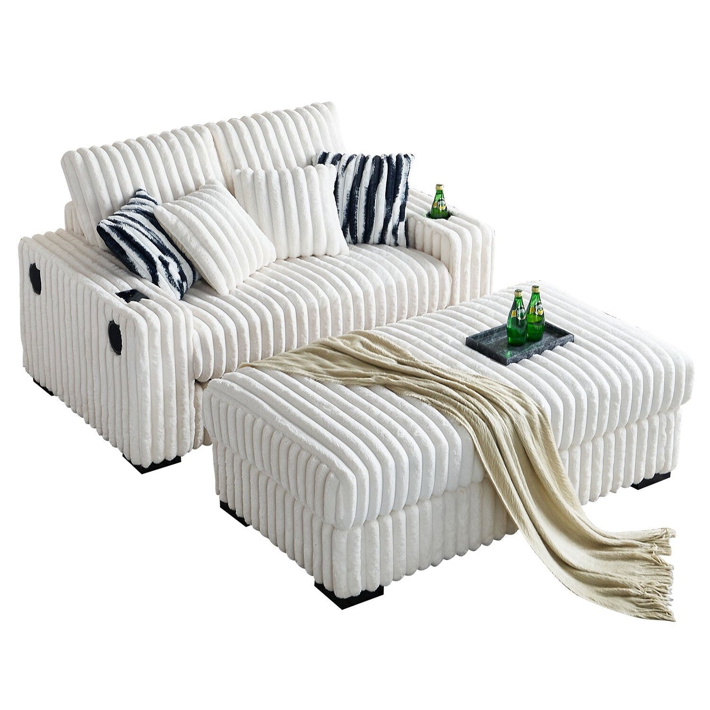 Divano a due posti in velluto a coste beige con pouf e altoparlante Bluetooth