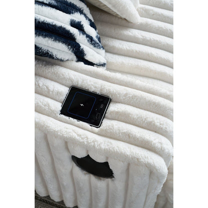 Divano a due posti in velluto a coste beige con pouf e altoparlante Bluetooth