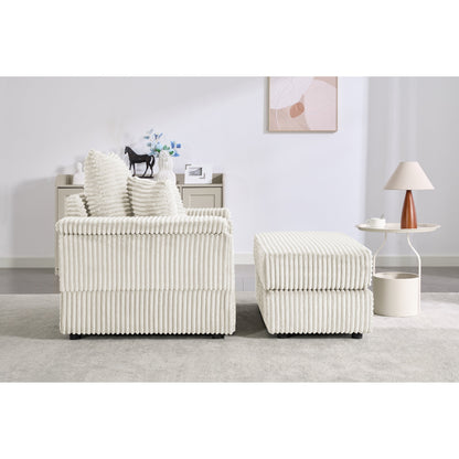 Divano singolo in velluto a coste beige con pouf e bracciolo contenitore