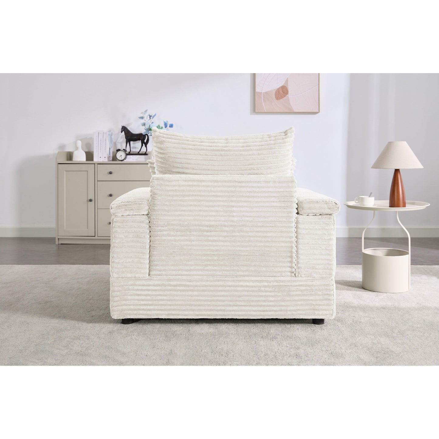 Divano singolo in velluto a coste beige con pouf e bracciolo contenitore