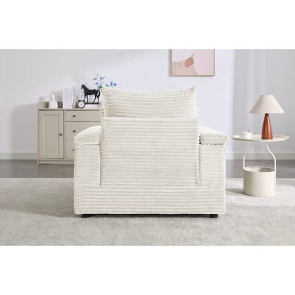 Divano singolo in velluto a coste beige con pouf e bracciolo contenitore