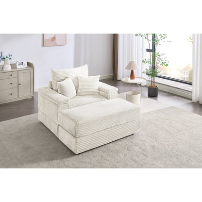 Divano singolo in velluto a coste beige con pouf e bracciolo contenitore