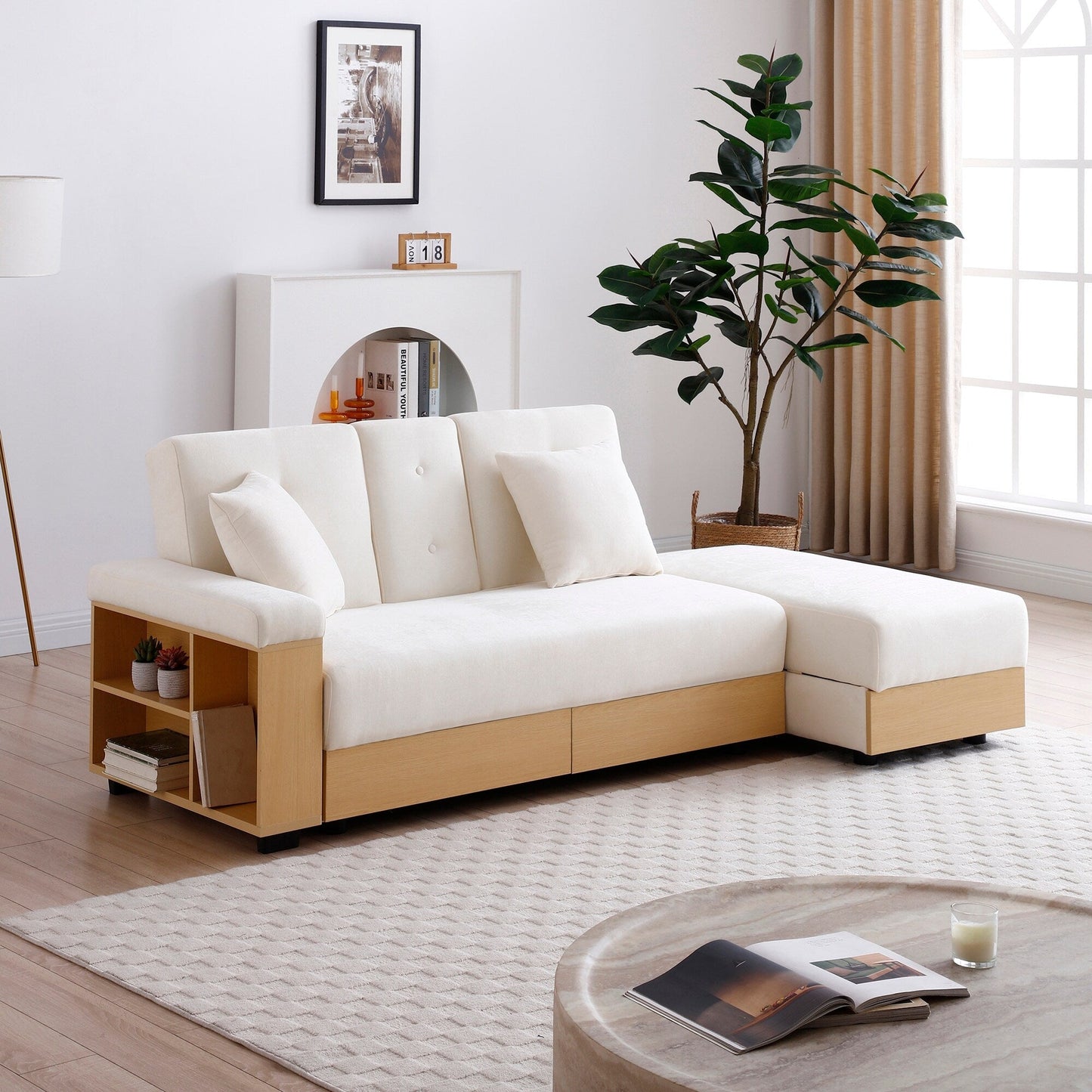 Divano letto trasformabile in lino e cotone beige con contenitore