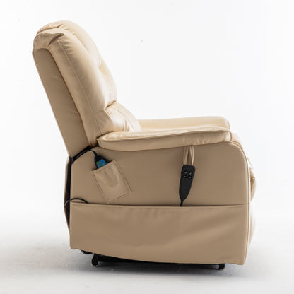 Poltrona reclinabile elettrica beige per anziani con motore OKIN, reclinazione completa di 180°, ampia seduta e tasche portaoggetti laterali