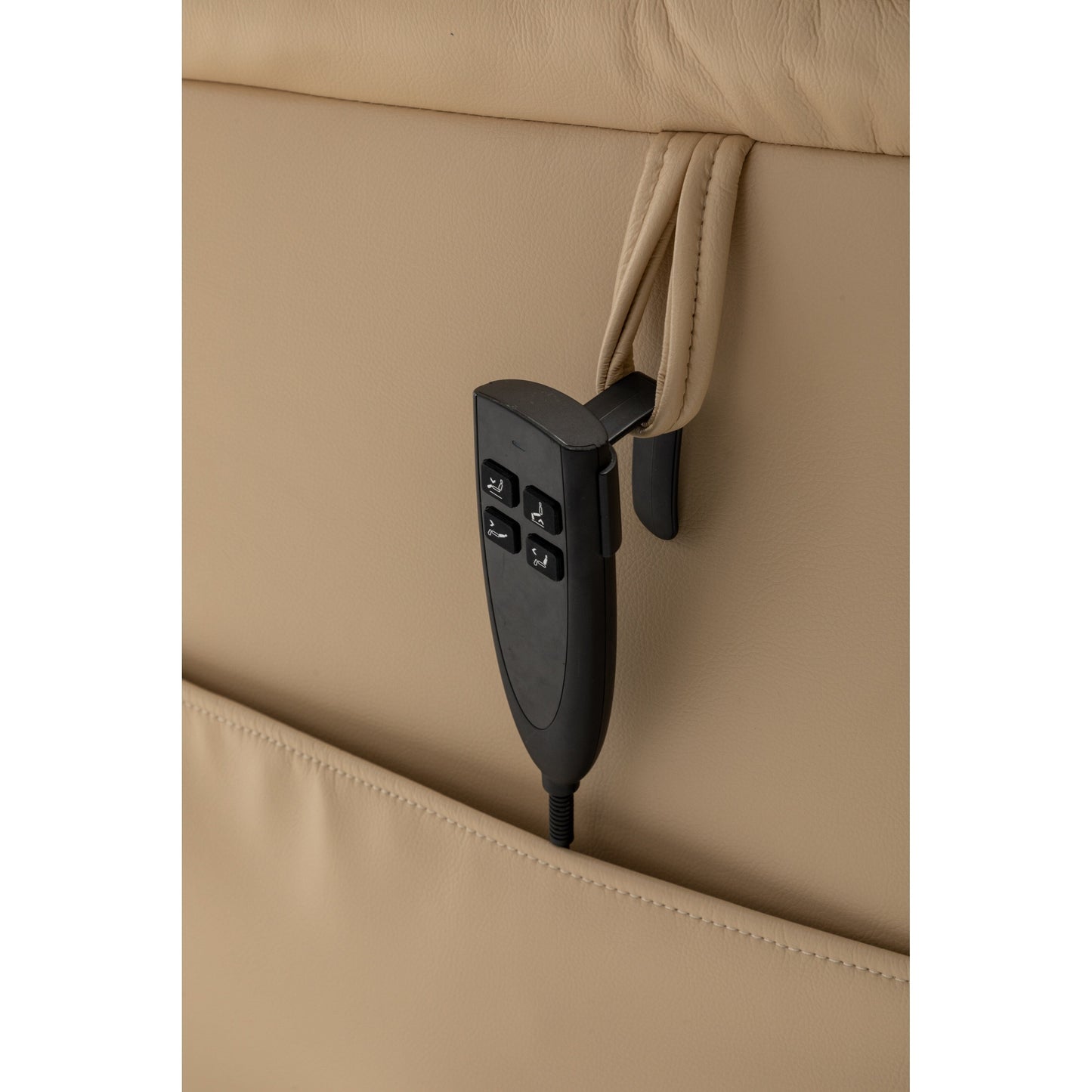 Poltrona reclinabile elettrica beige per anziani con motore OKIN, reclinazione completa di 180°, ampia seduta e tasche portaoggetti laterali