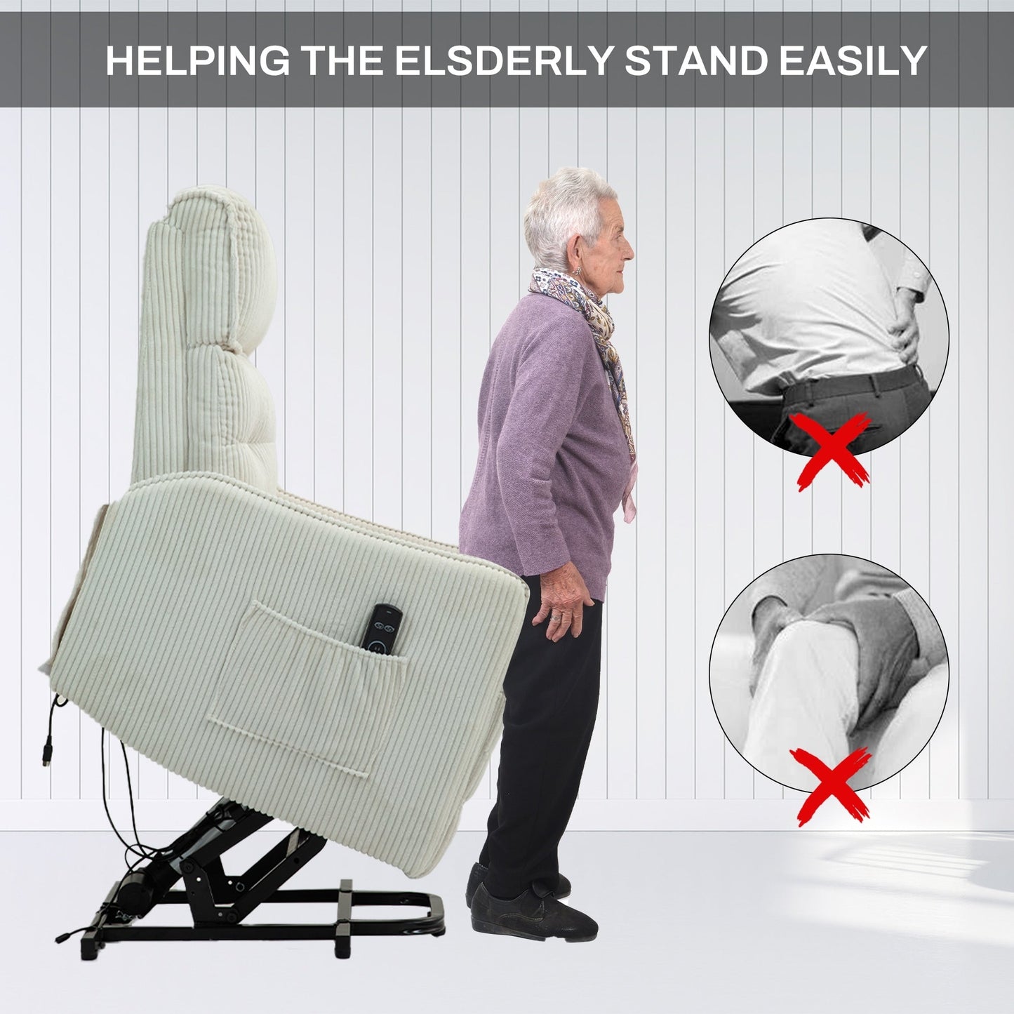 Poltrona reclinabile elettrica beige con tasca laterale, molle insacchettate, cuscino di seduta in peluche per soggiorno e camera da letto