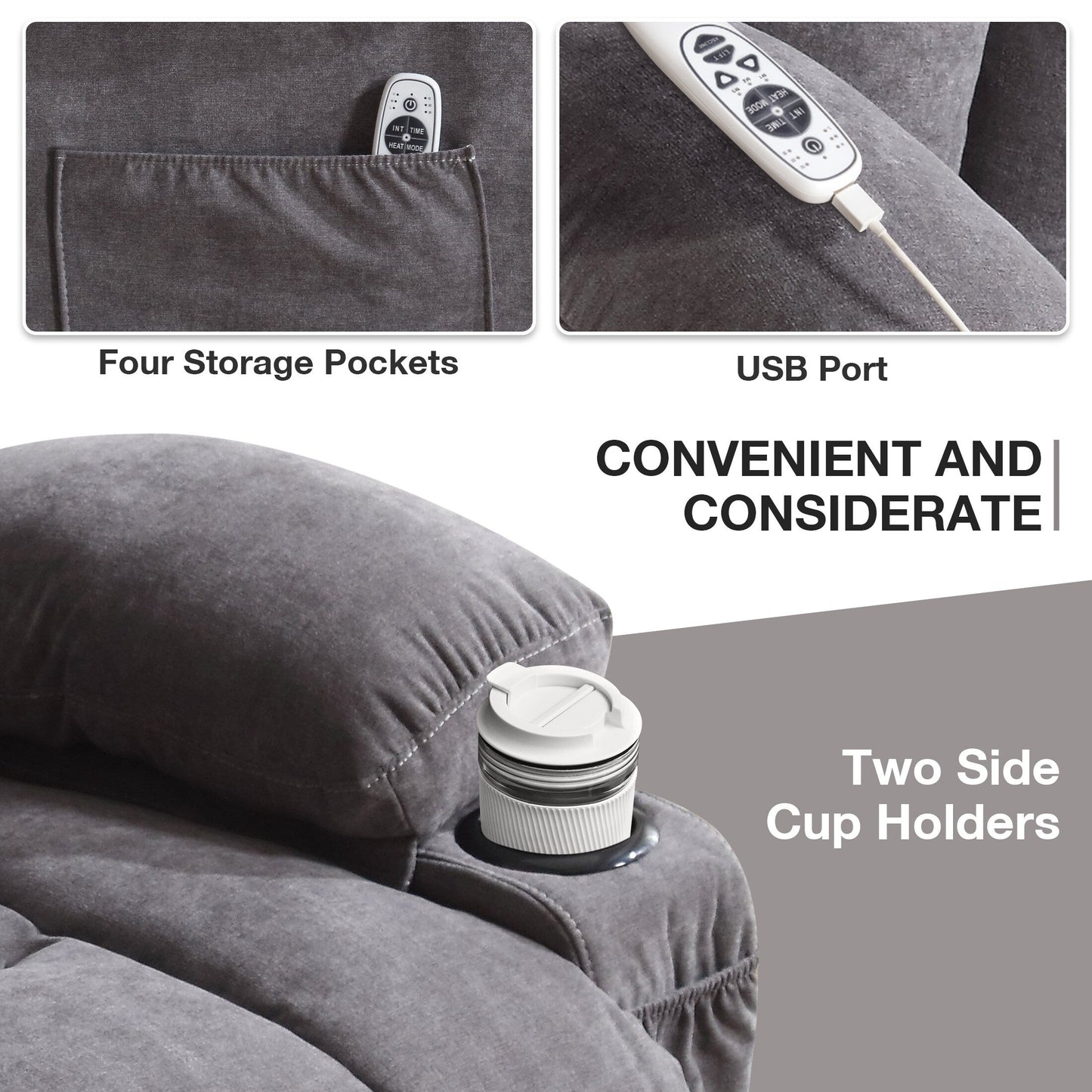 Poltrona reclinabile elettrica beige con riscaldamento, massaggio, porta USB, tasche laterali e pratico telecomando