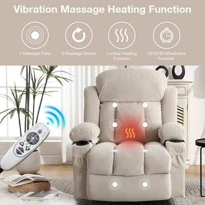 Poltrona reclinabile elettrica beige con riscaldamento, massaggio, porta USB, tasche laterali e telecomando