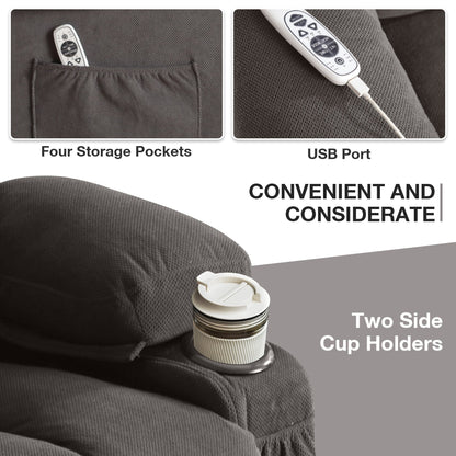 Poltrona reclinabile ergonomica beige con massaggio riscaldato, ricarica USB, tasche laterali e telecomando facile da usare