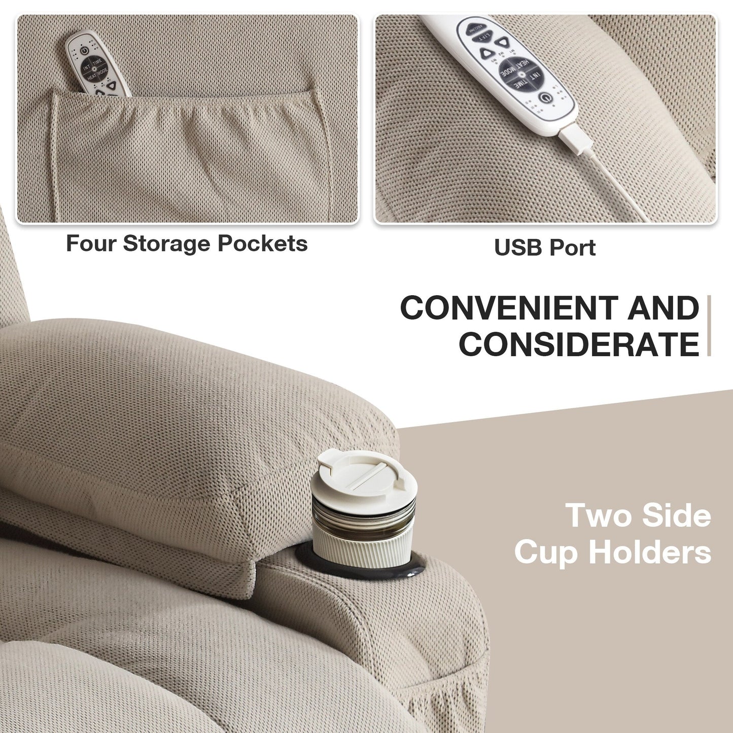 Poltrona reclinabile ergonomica beige con riscaldamento, massaggio e porte USB