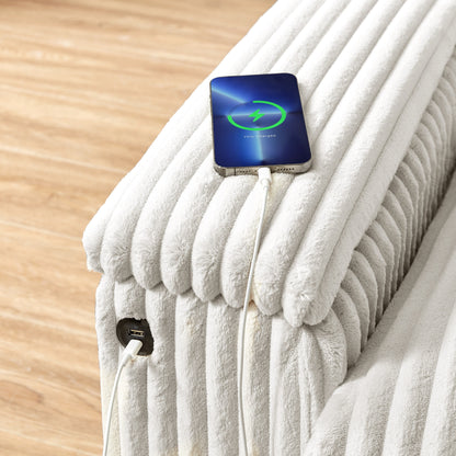 Divano a due posti in tessuto beige con bracciolo contenitore e USB