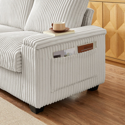 Divano a due posti in tessuto beige con bracciolo contenitore e USB