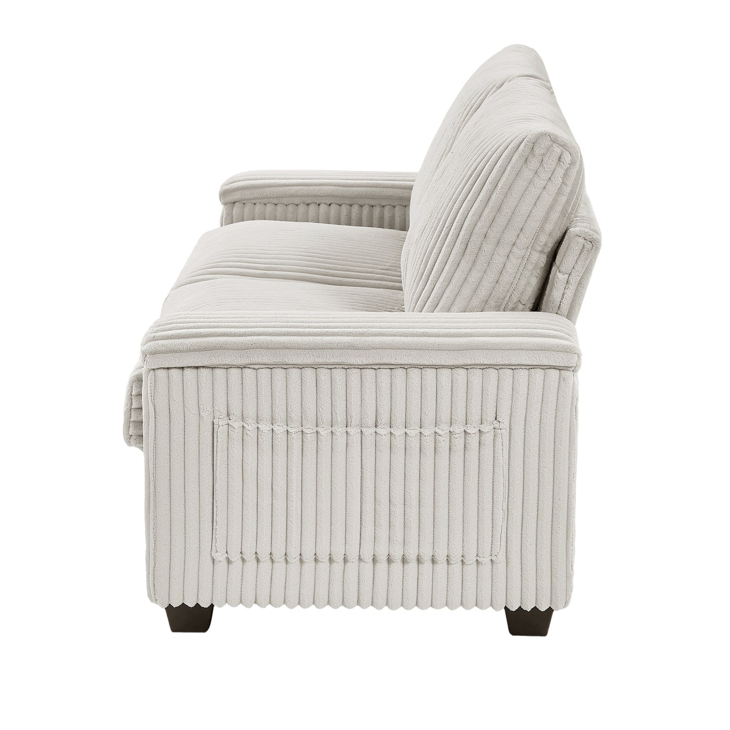 Divano a due posti in tessuto beige con bracciolo contenitore e USB