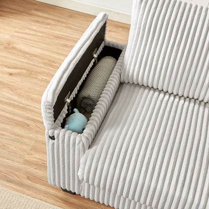 Divano a due posti in tessuto beige con bracciolo contenitore e USB