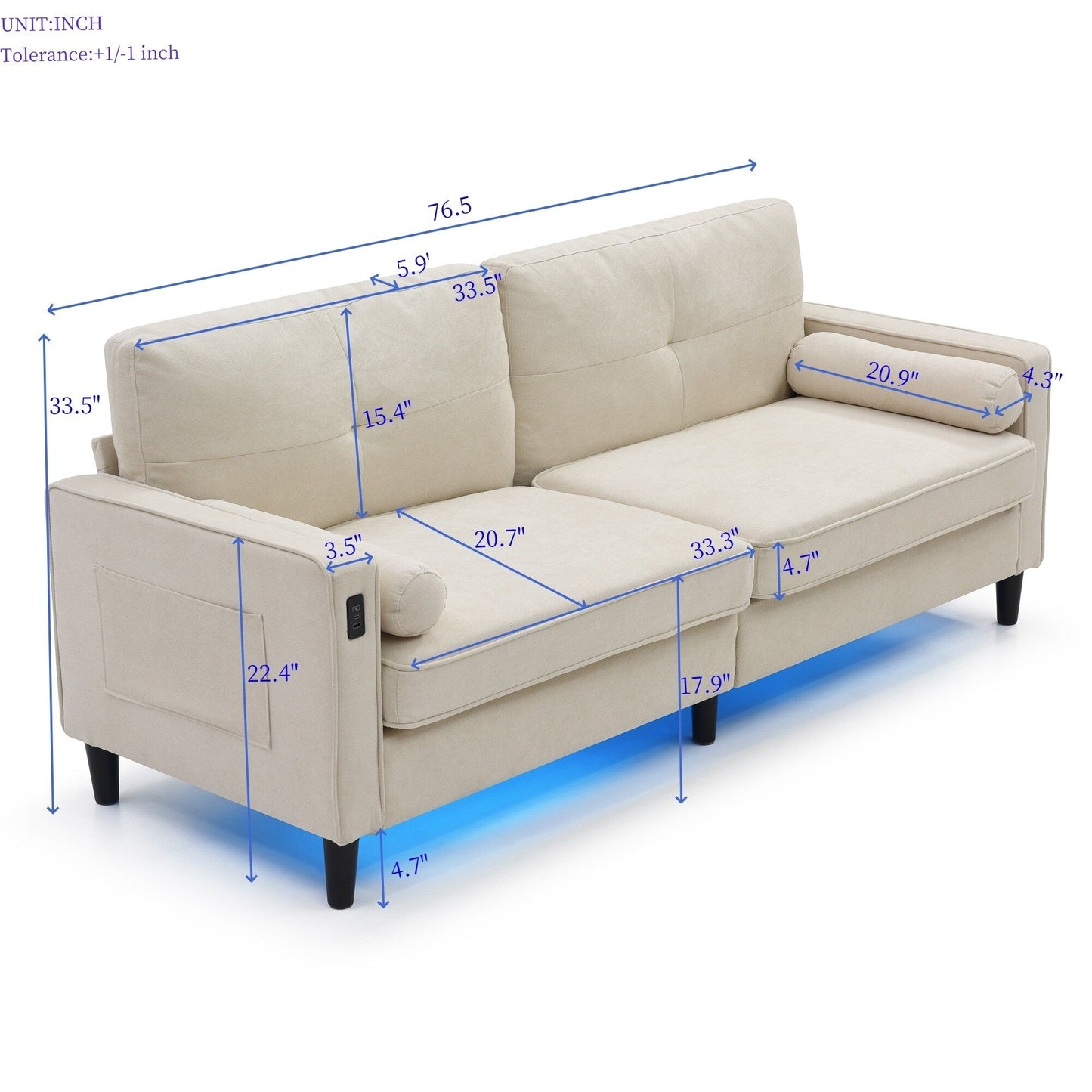 Divano a 3 posti in lino beige con luci a LED e porte USB