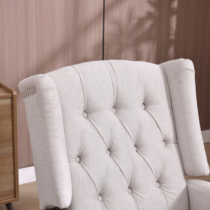 Poltrona reclinabile manuale girevole a 360° in lino beige con schienale imbottito con bottoni e poggiapiedi per soggiorno e camera da letto