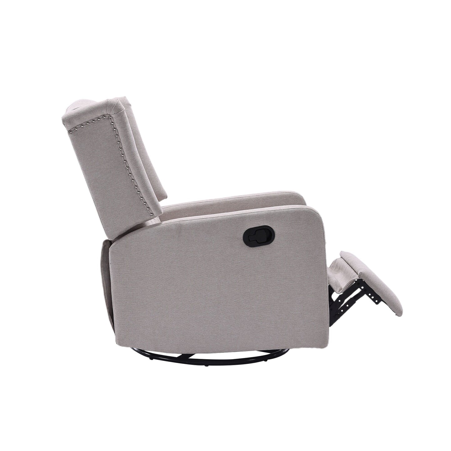 Poltrona reclinabile manuale girevole a 360° in lino beige con schienale imbottito con bottoni e poggiapiedi per soggiorno e camera da letto