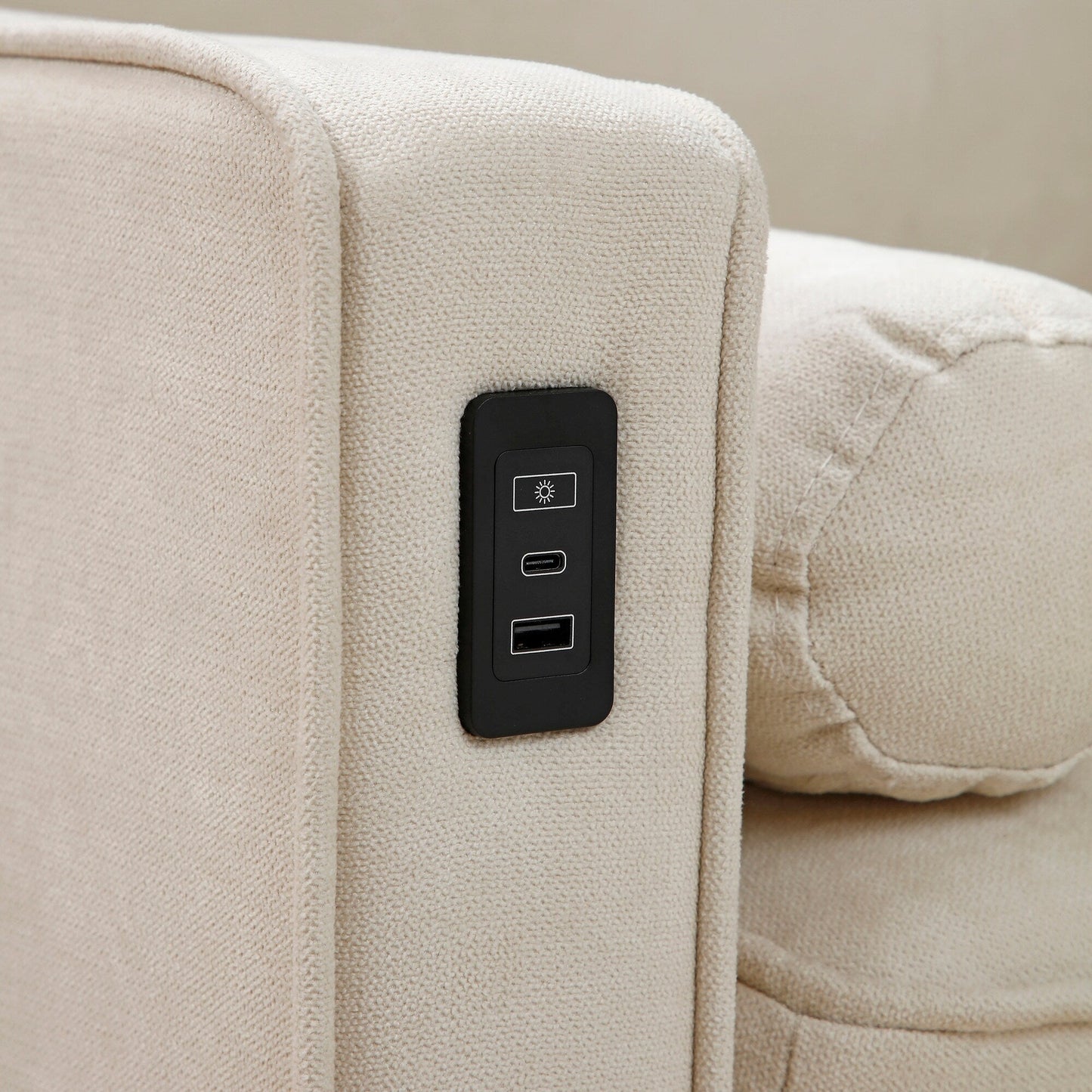 Divano a due posti in lino beige con luci a LED e porte USB