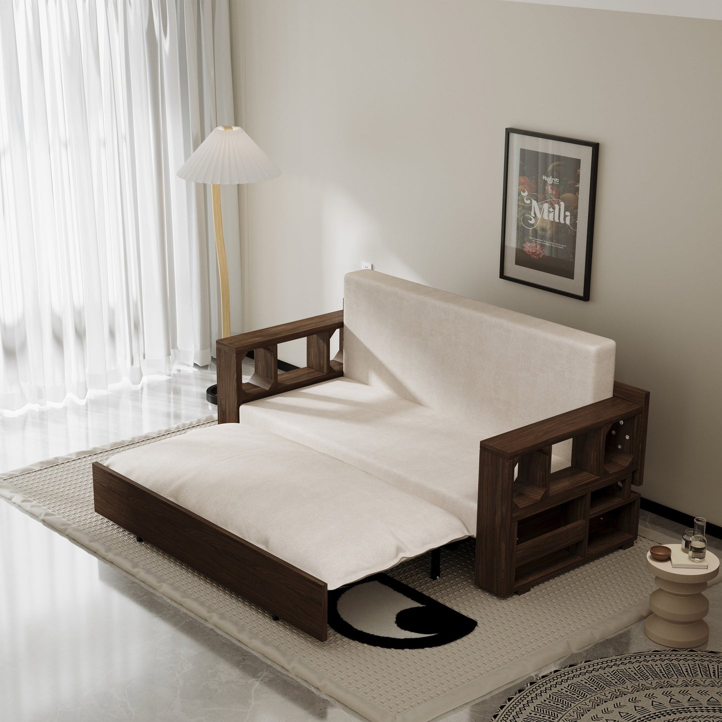 Divano letto trasformabile beige con contenitore