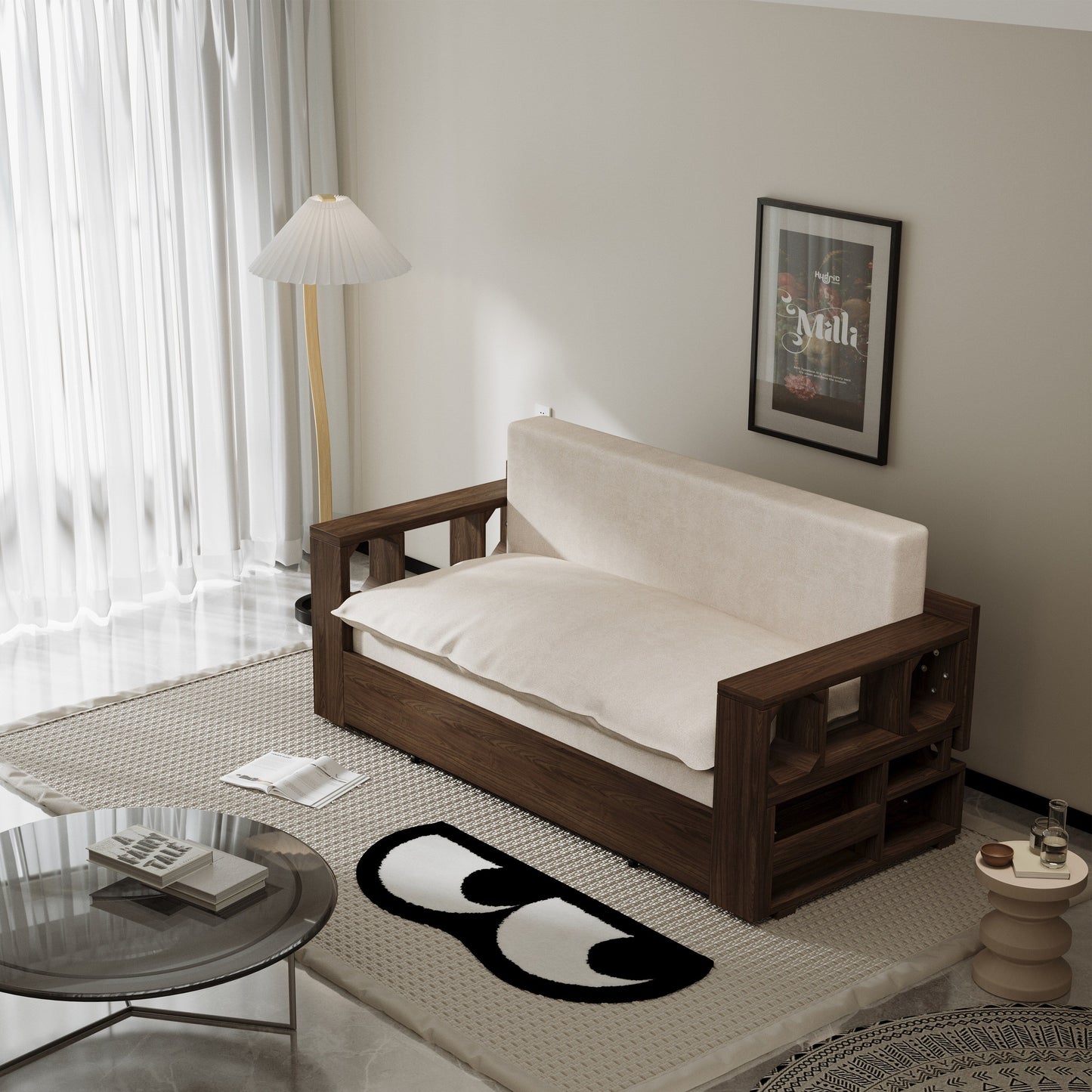 Divano letto trasformabile beige con contenitore