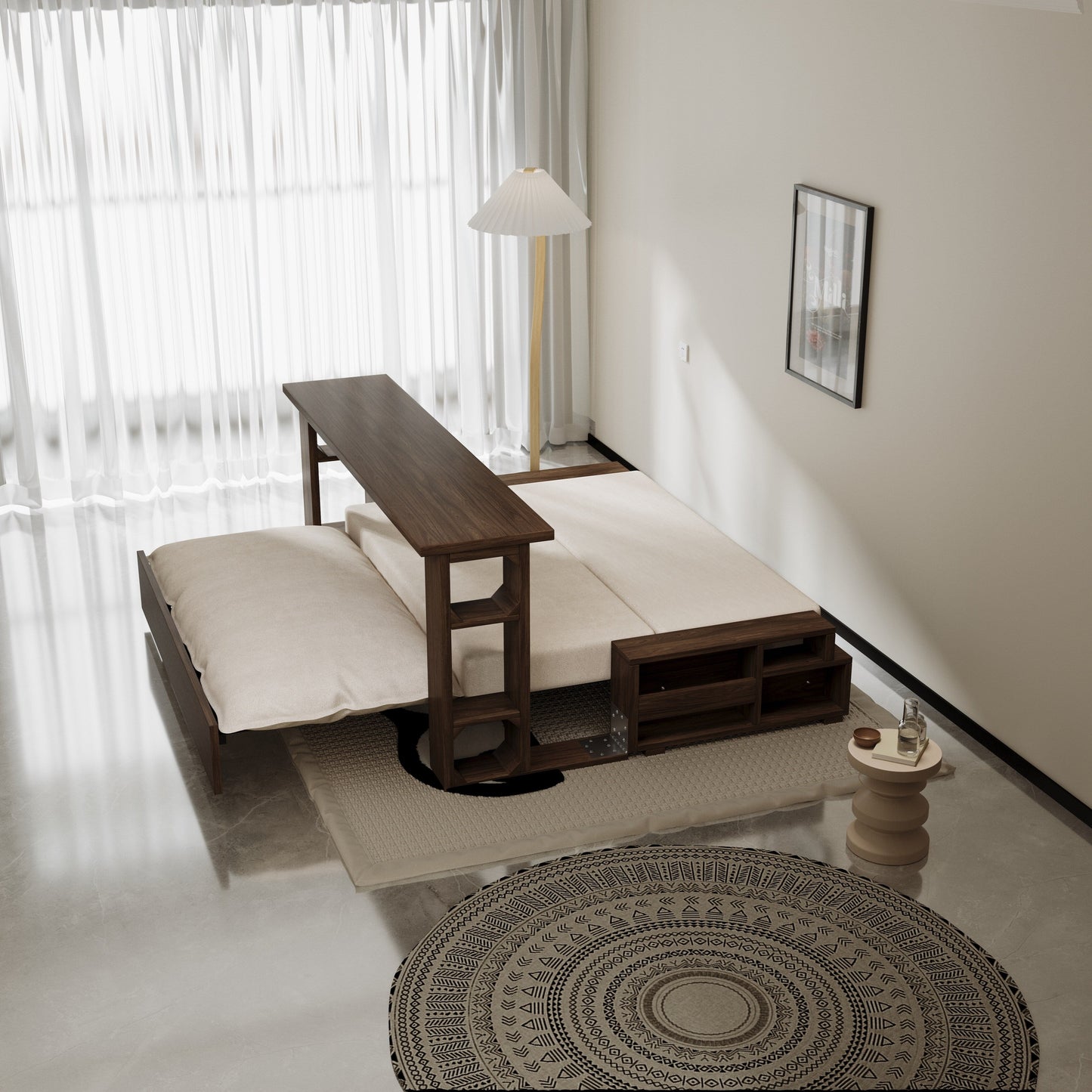 Divano letto trasformabile beige con contenitore