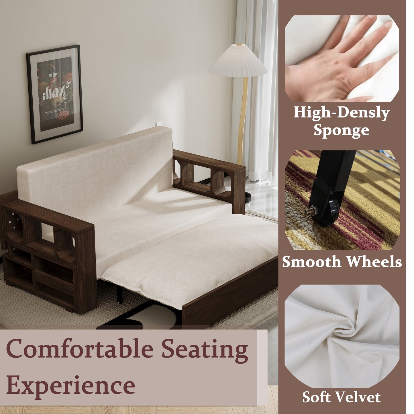 Divano letto trasformabile beige con contenitore