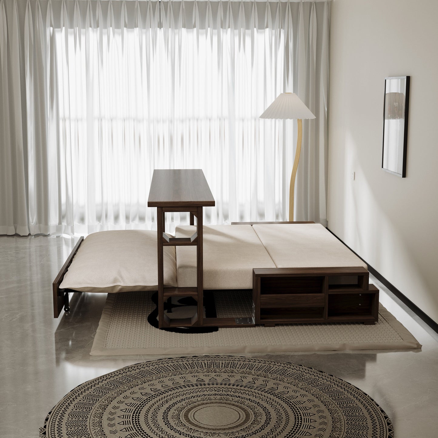 Divano letto trasformabile beige con contenitore