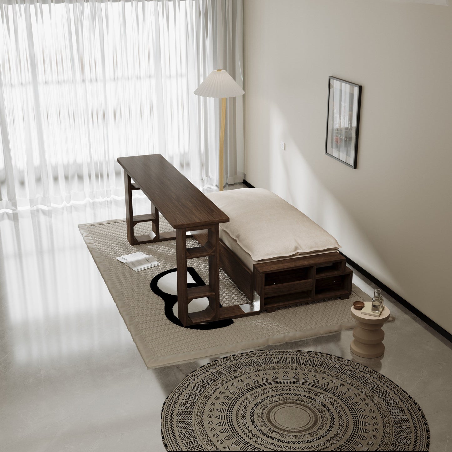 Divano letto trasformabile beige con contenitore