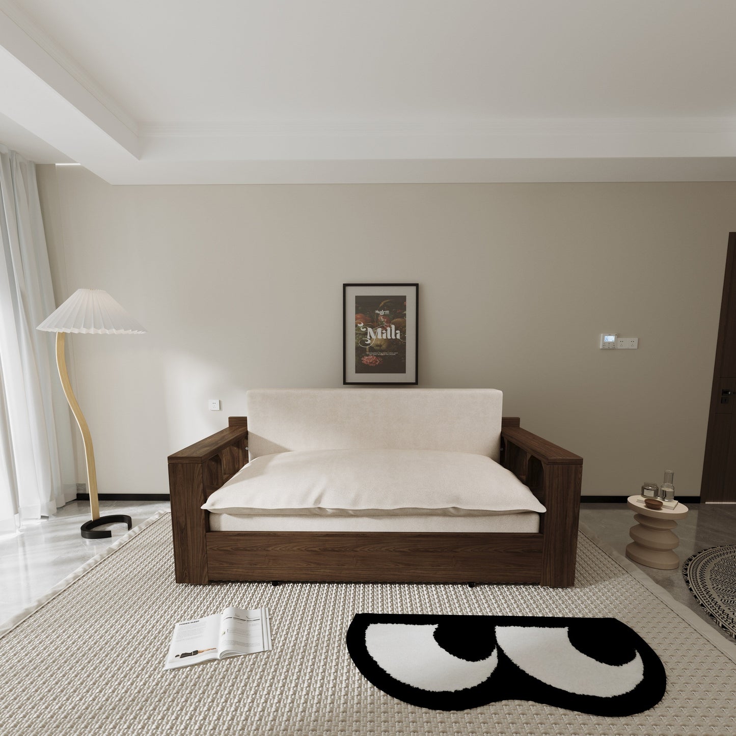 Divano letto trasformabile beige con contenitore