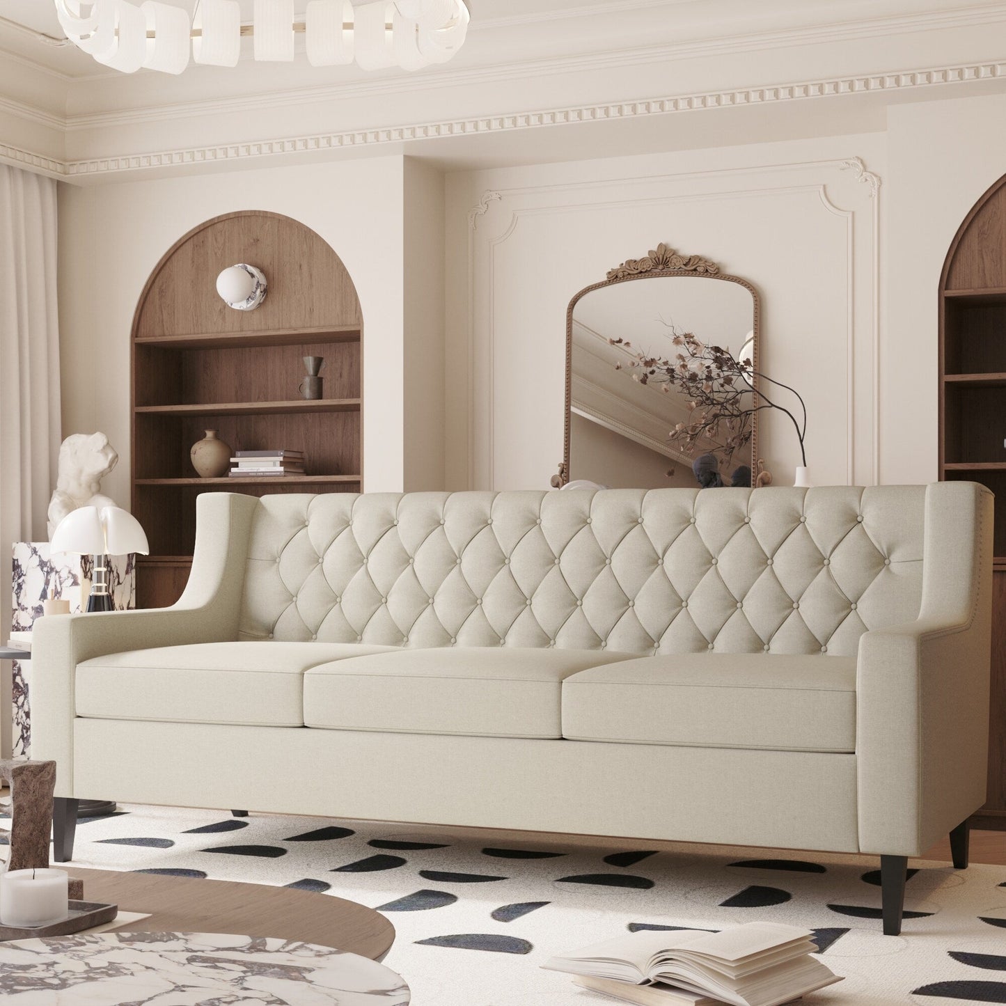 Divano a 3 posti in poliestere beige Mid Century Modern 78,75 con schienale trapuntato a bottoni e comodo cuscino per soggiorno