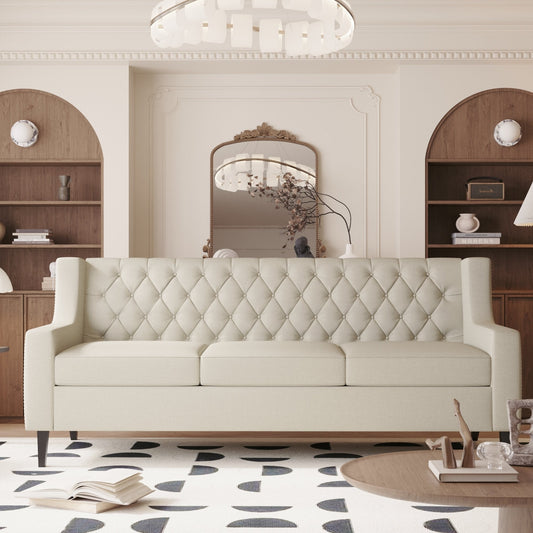 Divano a 3 posti in poliestere beige Mid Century Modern 78,75 con schienale trapuntato a bottoni e comodo cuscino per soggiorno