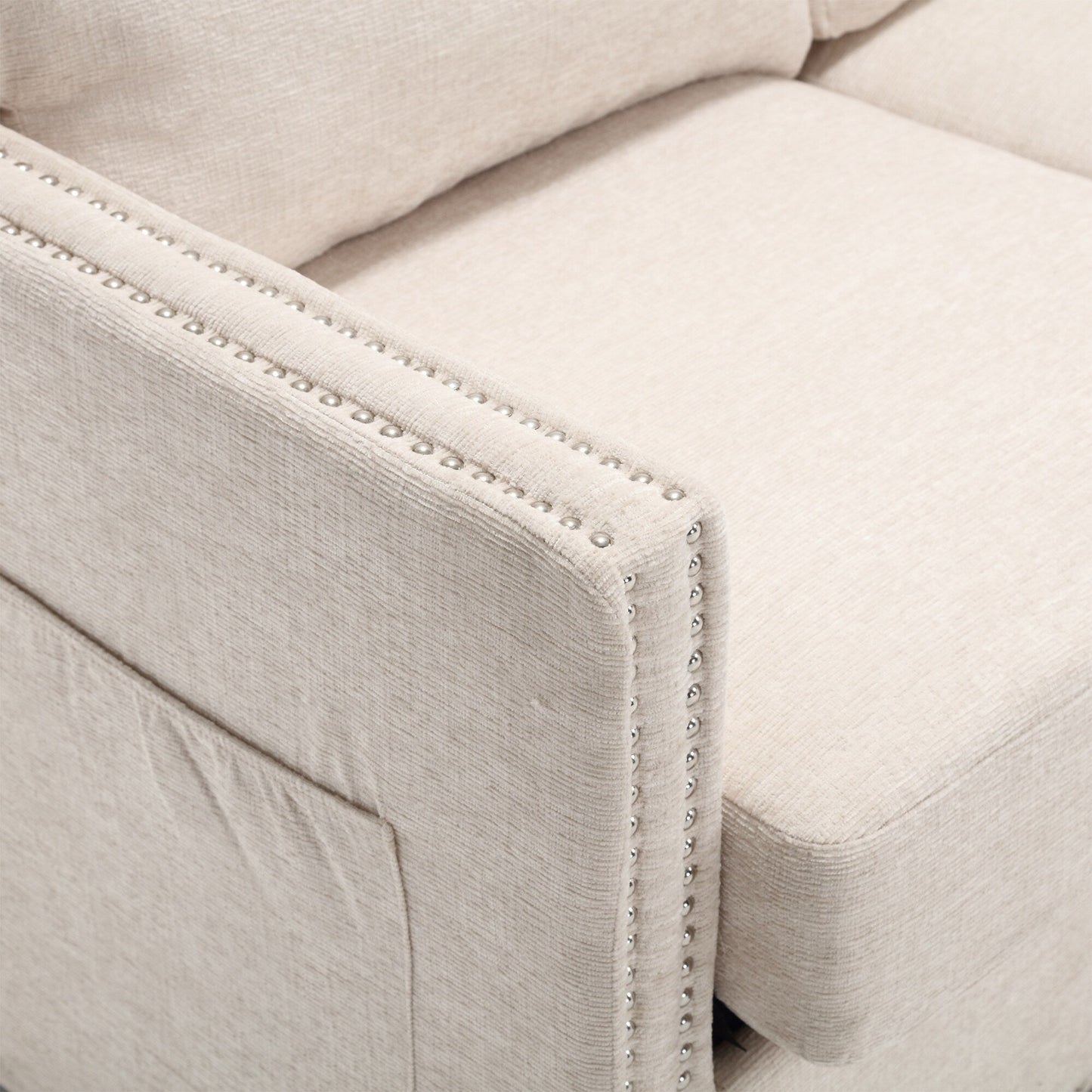 Divano a due posti imbottito in ciniglia beige moderno da 52,36 pollici con tasca e borchie per soggiorno