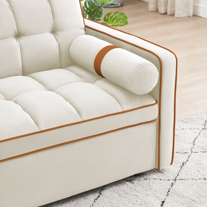 Divano letto trasformabile in velluto beige moderno da 55,5 pollici, con cuscini e tasche laterali per soggiorno