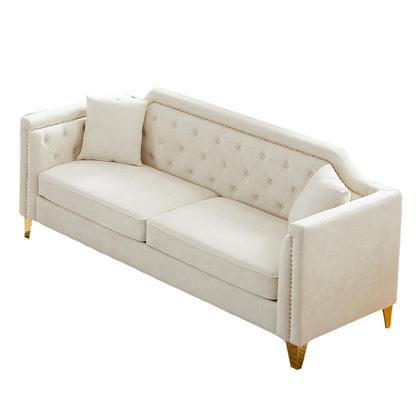 Divano moderno beige da 61,5 posti in ciniglia con bottoni, bracciolo decorato con chiodi in rame e 2 cuscini per soggiorno