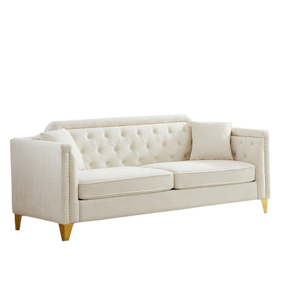 Divano moderno beige da 61,5 posti in ciniglia con bottoni, bracciolo decorato con chiodi in rame e 2 cuscini per soggiorno