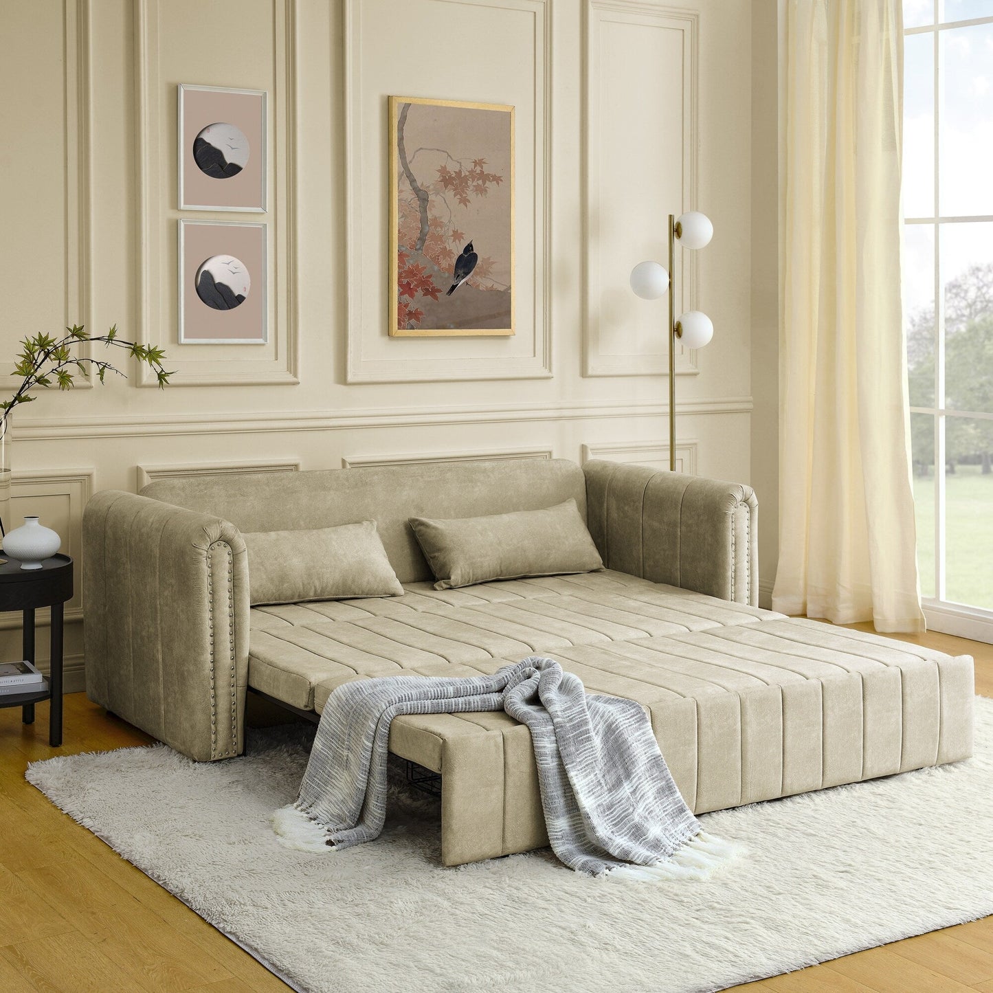 Divano letto estraibile 3 in 1 moderno beige 68 in schiuma con chiodi in rame e due cassetti