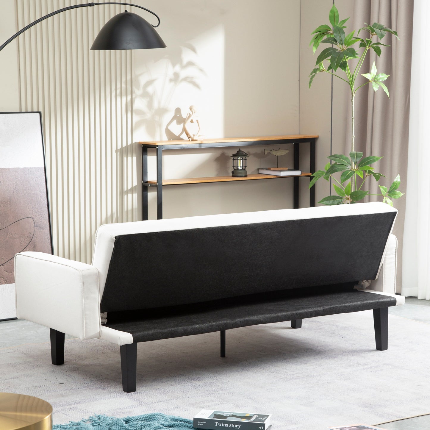 Divano letto futon convertibile beige moderno da 71,65 pollici a 3 posti con gambe in legno massello e cuscini per soggiorno