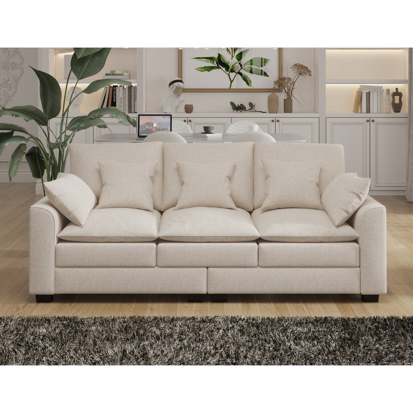 Divano moderno beige 78,7 in poliestere a 3 posti con cuscini e gambe in legno massello per soggiorno