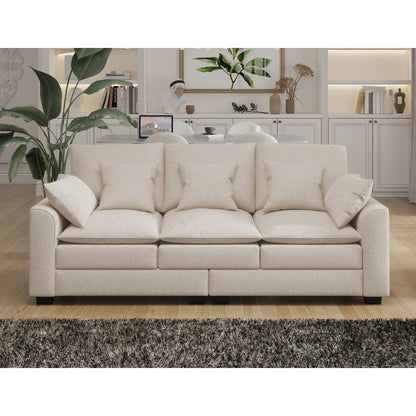 Divano moderno beige 78,7 in poliestere a 3 posti con cuscini e gambe in legno massello per soggiorno