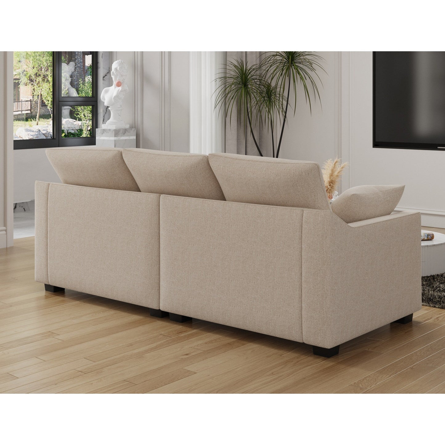 Divano moderno beige 78,7 in poliestere a 3 posti con cuscini e gambe in legno massello per soggiorno