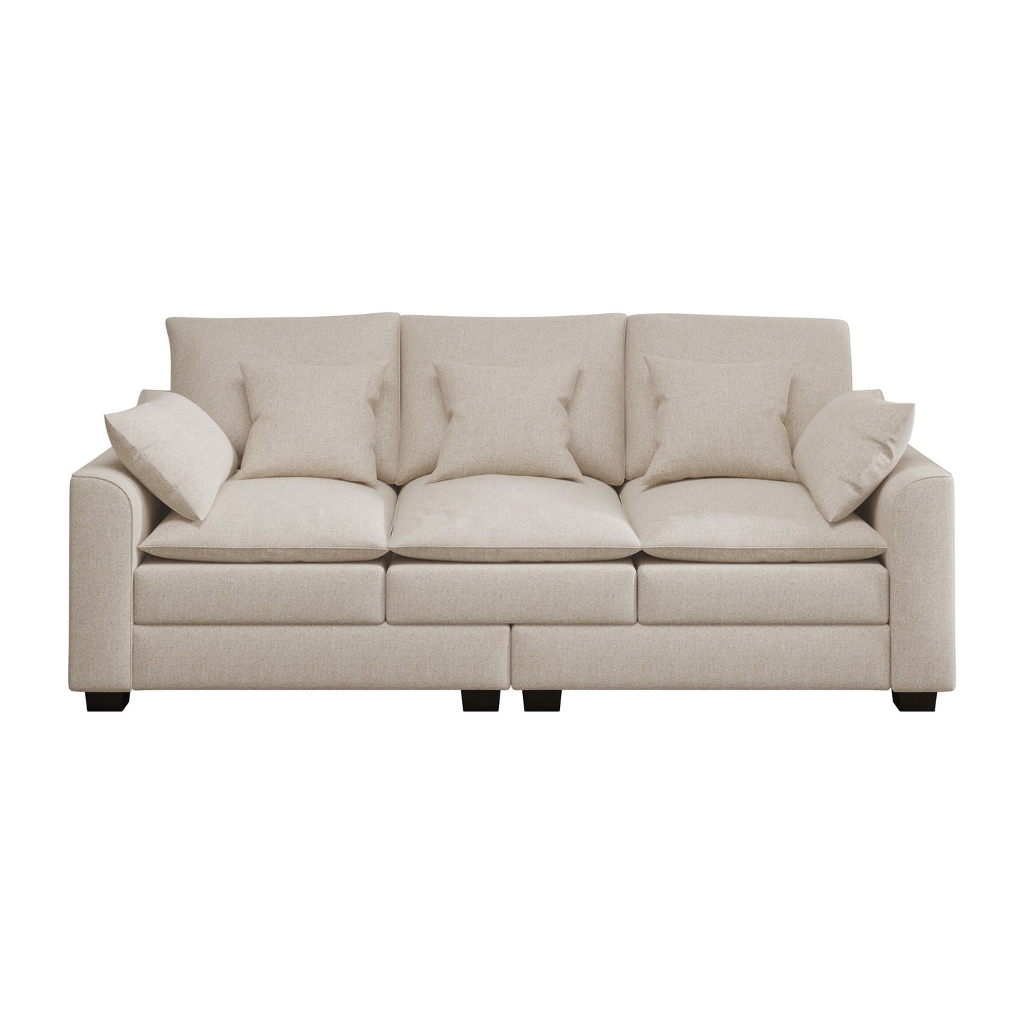 Divano moderno beige 78,7 in poliestere a 3 posti con cuscini e gambe in legno massello per soggiorno