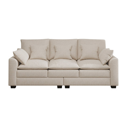 Divano moderno beige 78,7 in poliestere a 3 posti con cuscini e gambe in legno massello per soggiorno