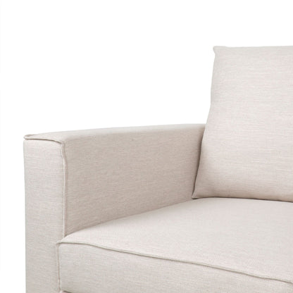 Divano imbottito moderno beige 80.25 a 3 posti con cuscini e gambe in legno per soggiorno