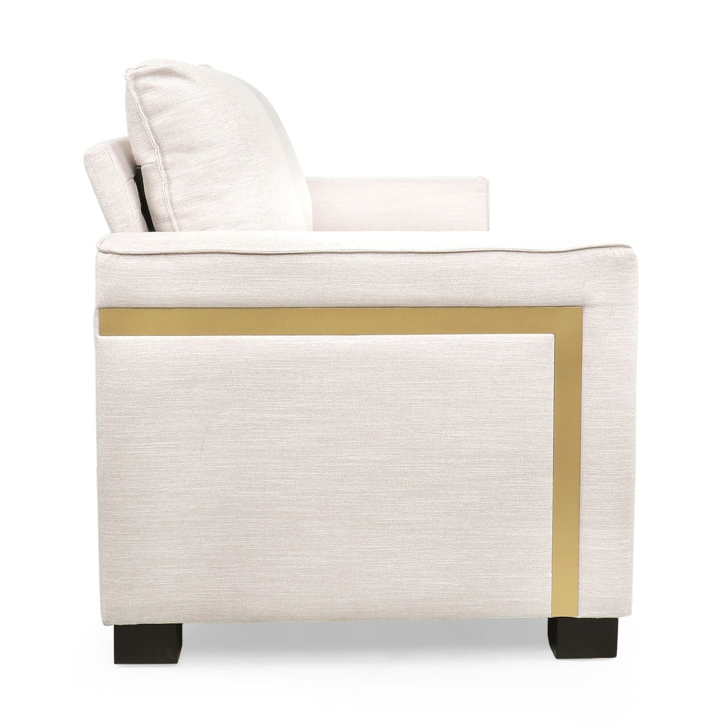 Divano imbottito moderno beige 80.25 a 3 posti con cuscini e gambe in legno per soggiorno