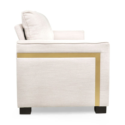 Divano imbottito moderno beige 80.25 a 3 posti con cuscini e gambe in legno per soggiorno